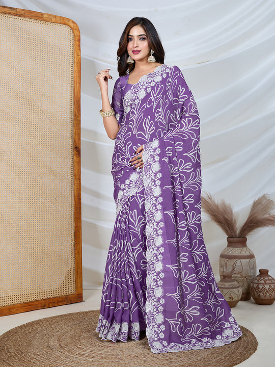 Poly Georgette Geometric Print Saree With Embroidery And Scaloping Work With Unstitched Blouse Piece