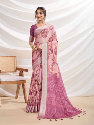 Onion-Pink Silk Chiffon Viscose Border Floral Printed Saree Saree With Blouse Piece