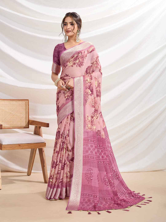 Onion-Pink Silk Chiffon Viscose Border Floral Printed Saree Saree With Blouse Piece