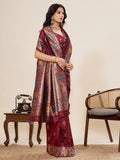 Maroon Pure Jacquard Fabrics With Sona Chandi Pure Zari Work Saree With Blouse Piece