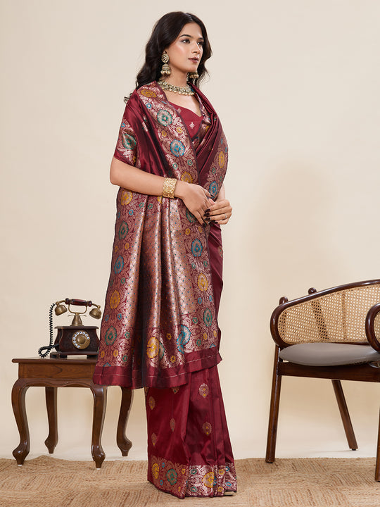 Maroon Pure Jacquard Fabrics With Sona Chandi Pure Zari Work Saree With Blouse Piece