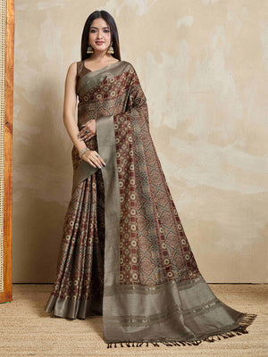 Brown Pure Handloom Tussar Woven Pallu Ajrakh Printed With Blouse Piece