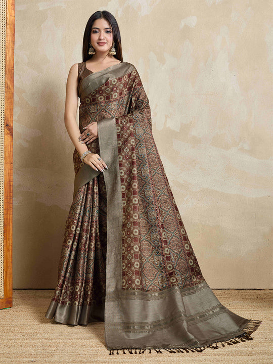 Brown Pure Handloom Tussar Woven Pallu Ajrakh Printed With Blouse Piece