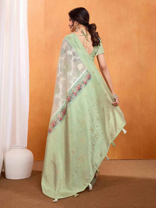 Mint Green Pure Cotton Lucknowi Woven Banarasi Saree With Ombre Floral Prints