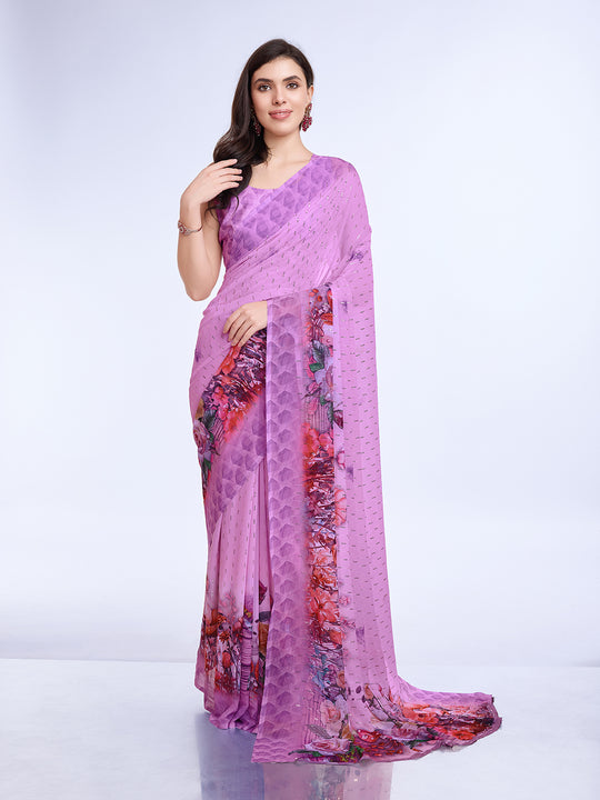 Lavender Poly Chiffon Festival Saree With Blouse Piece