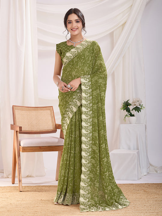 Olive Poly Georgette Festive Wear Saree With Blouse Piece