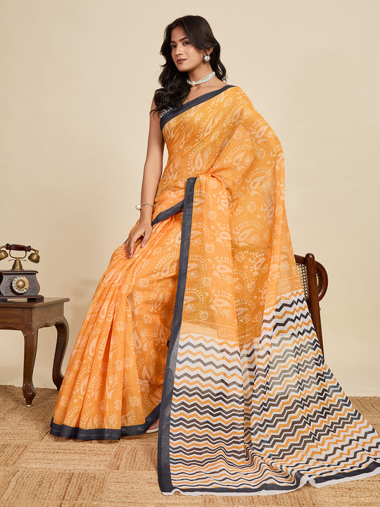 Yellow Linen Saree With Jari Border All Over Single Colour Printed Saree With Blouse Piece