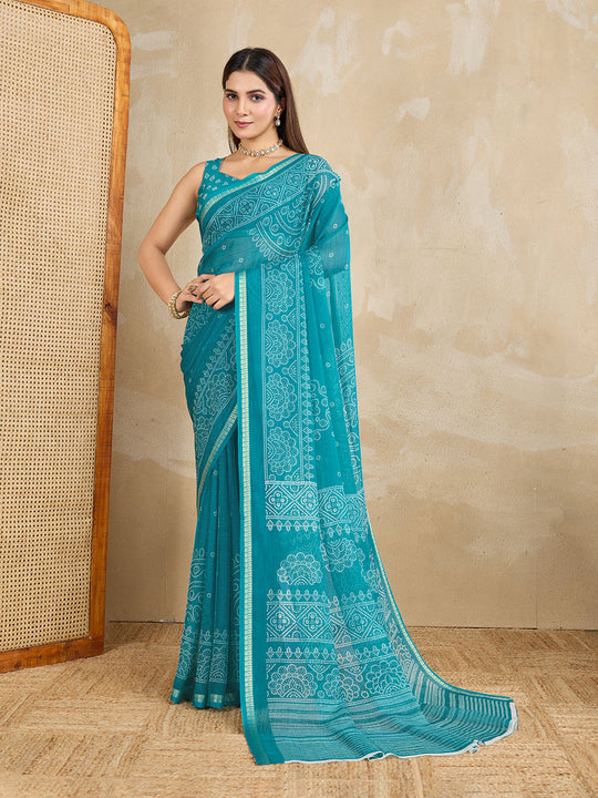Pure Chiffon Bandhani Printed Saree With Viscose Woven Border And Blouse Piece