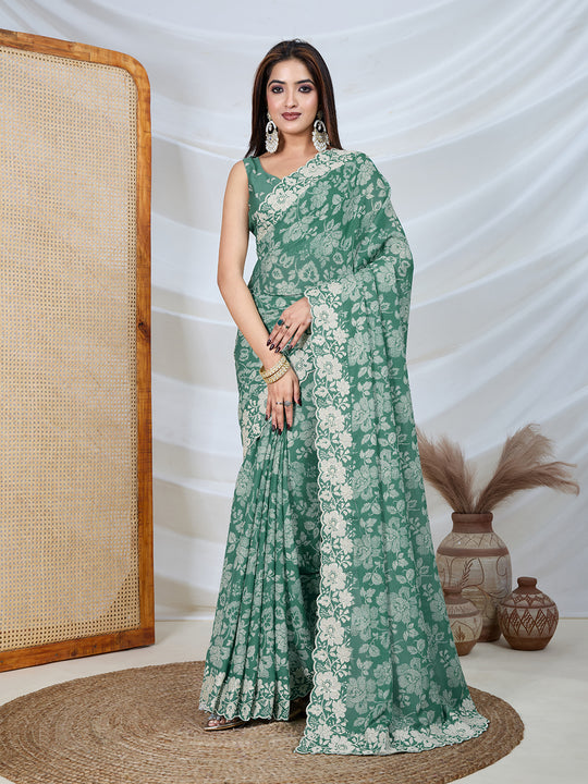 Poly Georgette Geometric Print Saree With Embroidery And Scaloping Work With Unstitched Blouse Piece