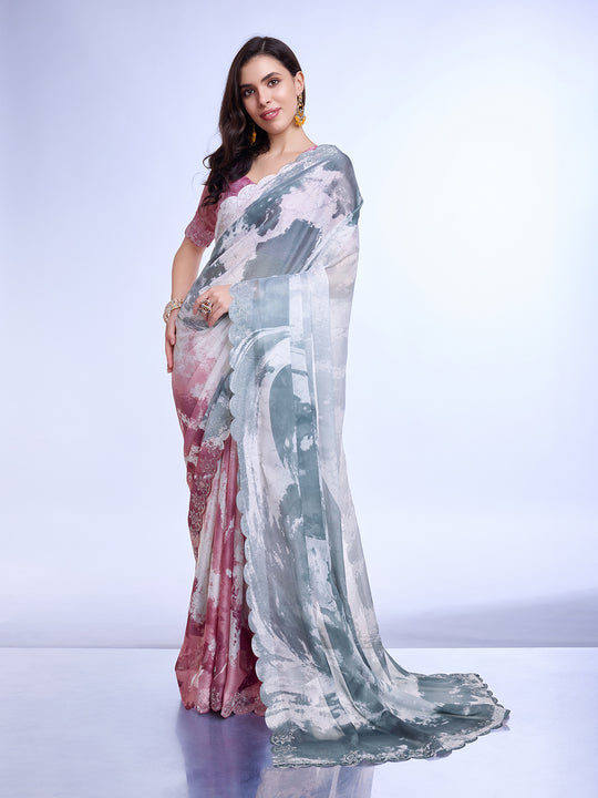 Grey Poly Chiffon Festival Saree With Blouse Piece