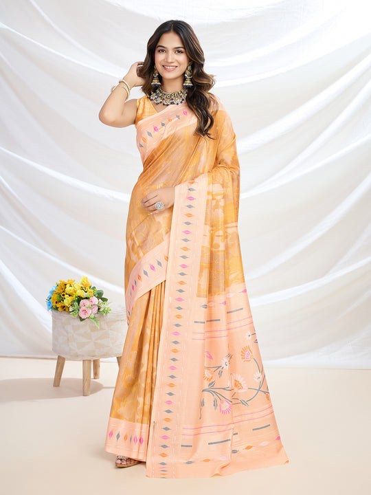 Orange  Handloom Silk Festive Wear Saree With Blouse Piece
