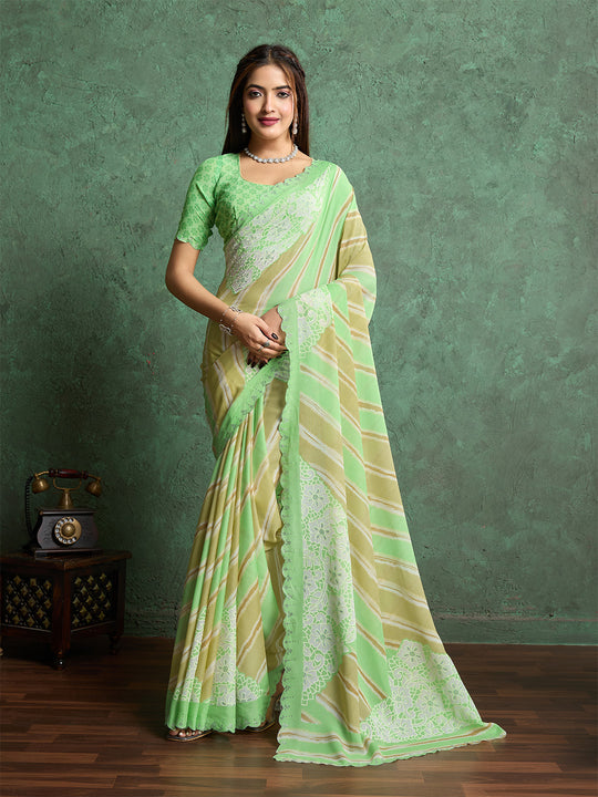 Poly Chiffon Leheriya Printed Saree With A Floral Touch And Swaroski Work With Scalloping