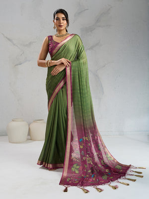 Pure Chiffon Digital Printed Woven Saree With Woven Border And Fancy Tassels