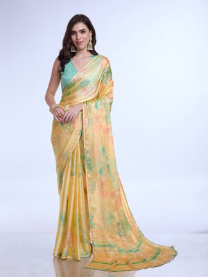 Lime Green Poly Chiffon Festive Wear Saree With Blouse Piecde