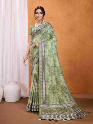 Green Pure Tussar Silk Ajrakh Block Printed With Blouse Piece