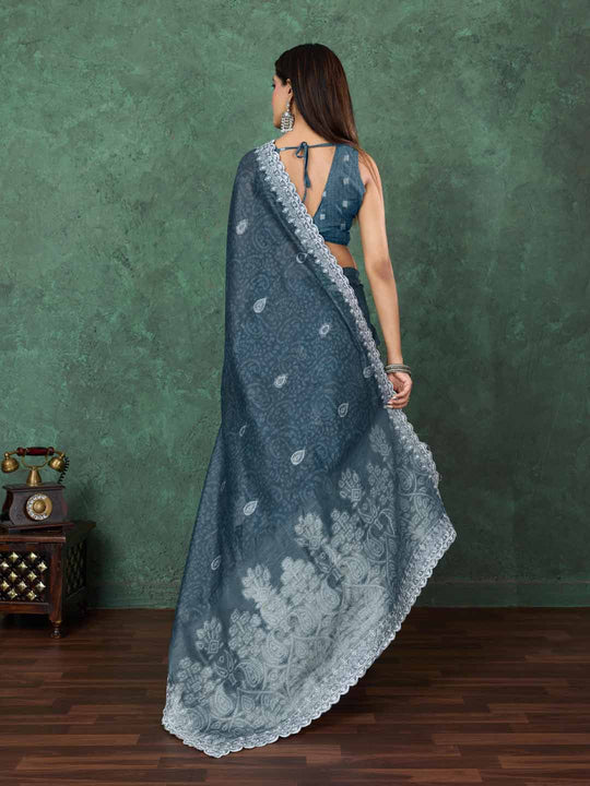 Seagreen Cotton Banarasi Printed Saree With Thread Embroidery Scalloping  Saree With Blouse Piece