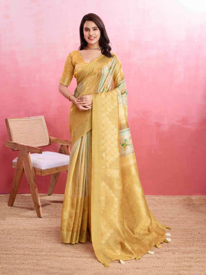 Yellow Cotton Banarasi Woven Rich Pallu Printed Saree With Blouse Piece