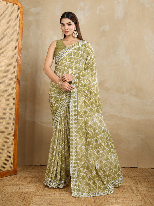 Poly Georgette Geometric Printed Saree With Embroidered Border And Blouse Piece