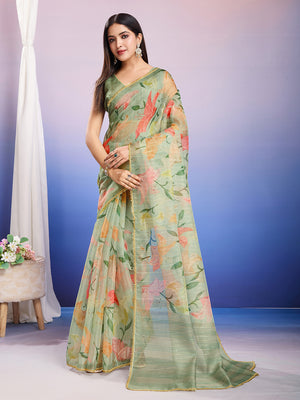 Green Organza Saree With Blouse Piece