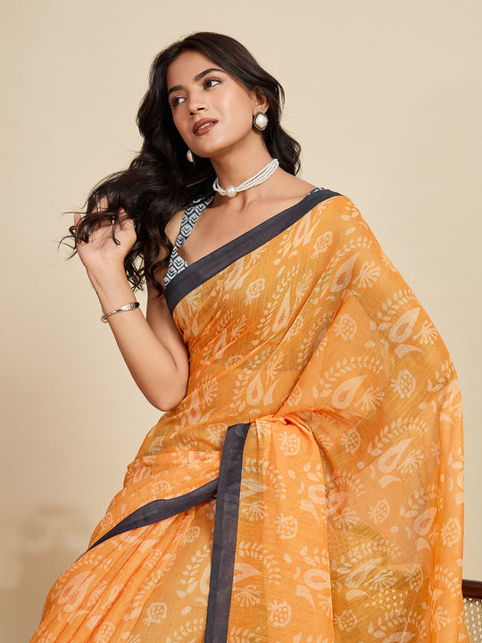 Yellow Linen Saree With Jari Border All Over Single Colour Printed Saree With Blouse Piece
