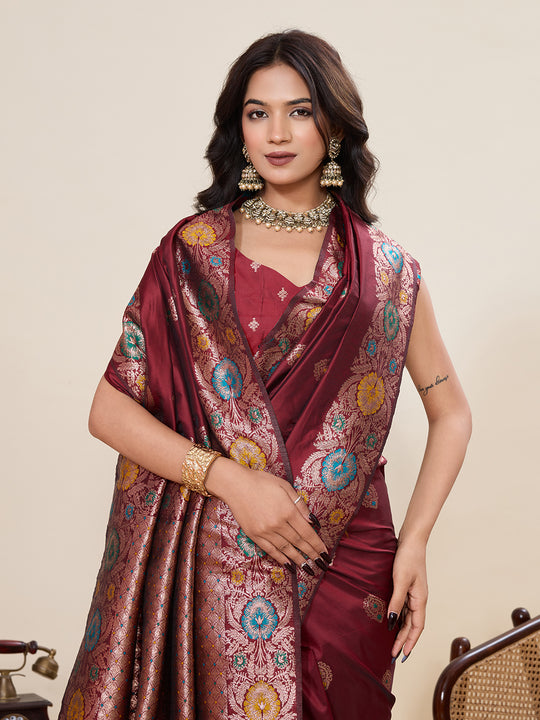 Maroon Pure Jacquard Fabrics With Sona Chandi Pure Zari Work Saree With Blouse Piece
