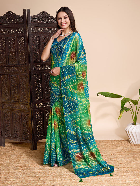 Green Weightless Poly Chiffon Saree With Blouse Piece