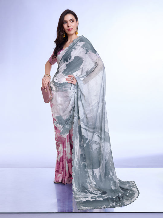 Grey Poly Chiffon Festival Saree With Blouse Piece