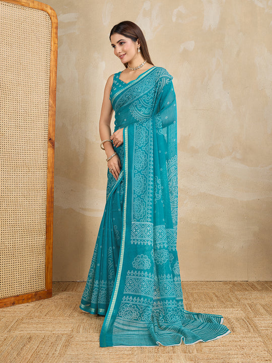 Pure Chiffon Bandhani Printed Saree With Viscose Woven Border And Blouse Piece