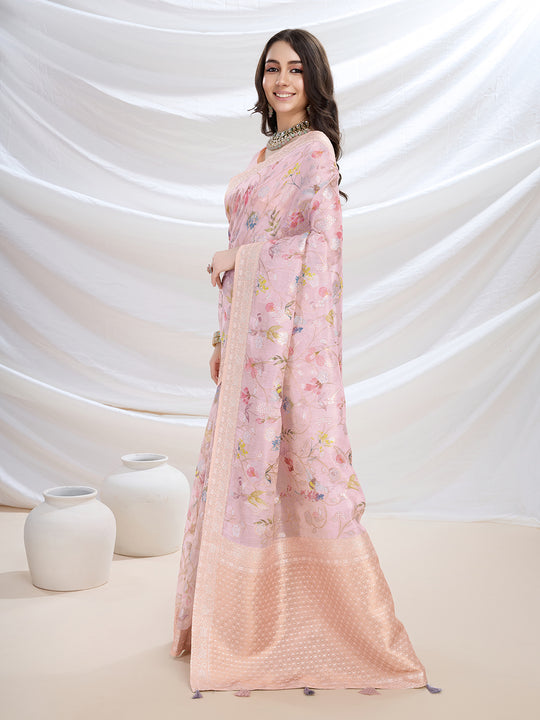 Pink Pure Cotton Festive Wear Saree With Blouse Piece