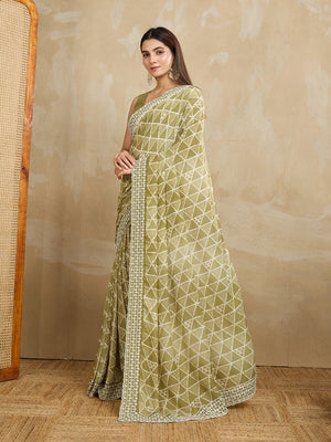 Poly Georgette Geometric Printed Saree With Embroidered Border And Blouse Piece