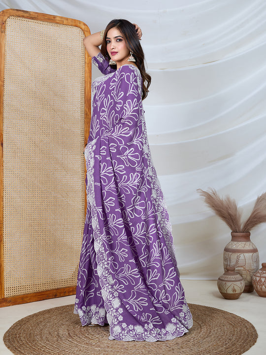 Poly Georgette Geometric Print Saree With Embroidery And Scaloping Work With Unstitched Blouse Piece