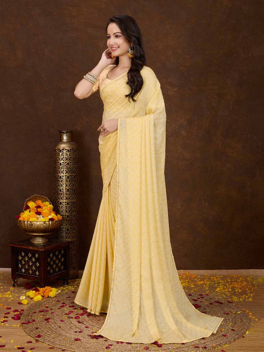 Yellow Crepe Georgette Gold Foil Embellished Printed Saree With Blouse Piece