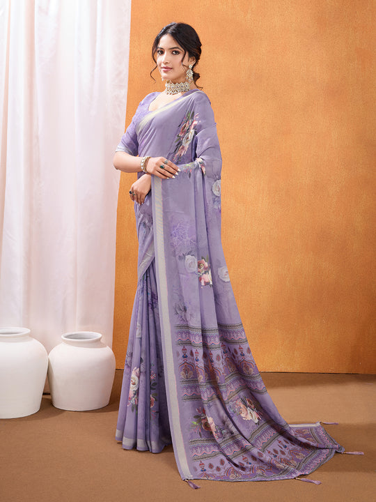 Purple Poly Crepe Party Wear Saree With Blouse Piece