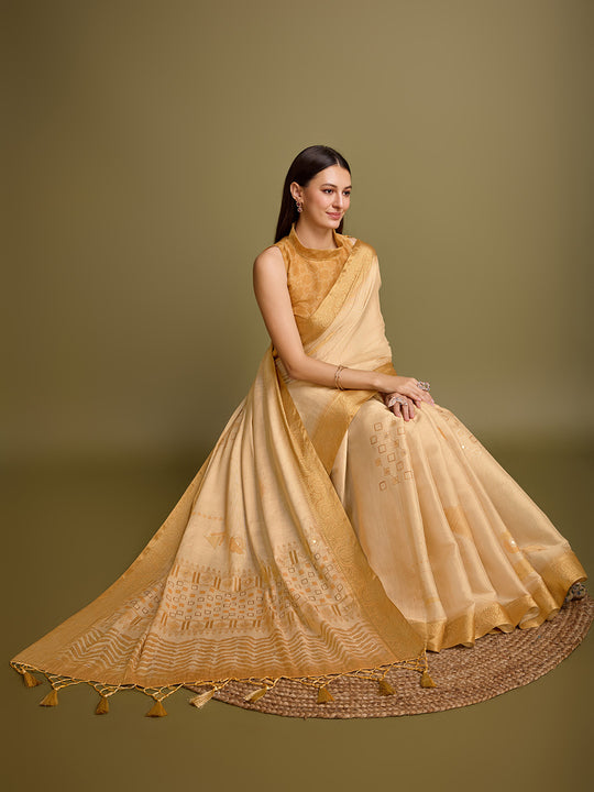 Yellow Silk Blend Saree With Blouse Piece