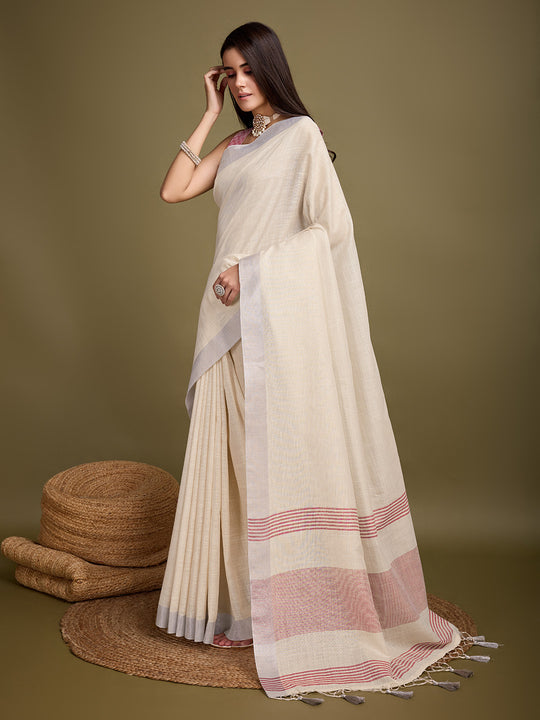 Beige Linen Blend Daily Wear Saree With Blouse Piece