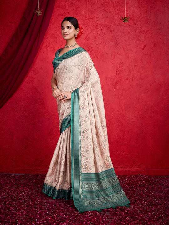 Cream Poly Silk Festival Saree With Blouse Piece