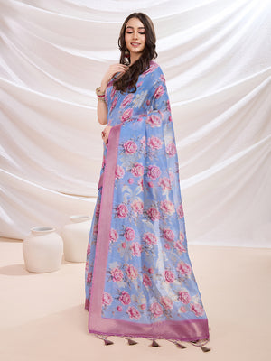 Blue Banarasi Cotton Festive Wear Saree With Blouse Piece