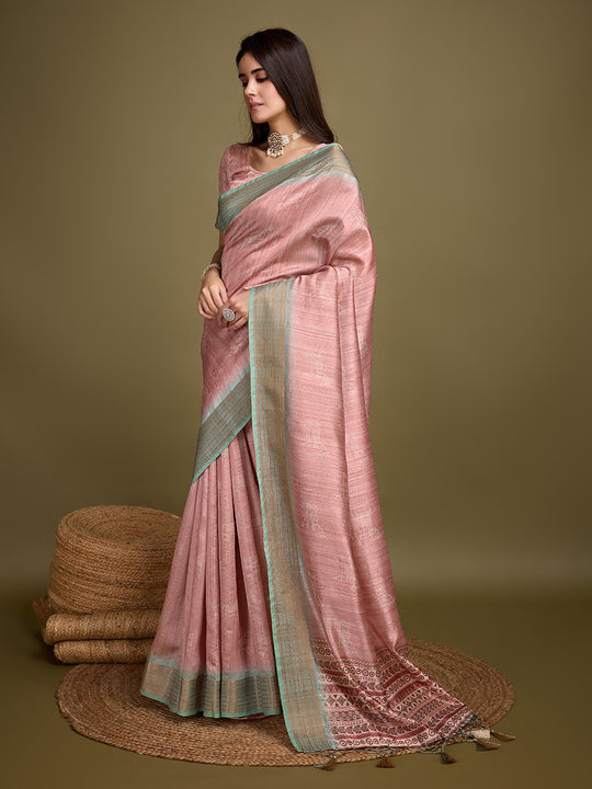 Pink Silk Blend Saree With Blouse Piece
