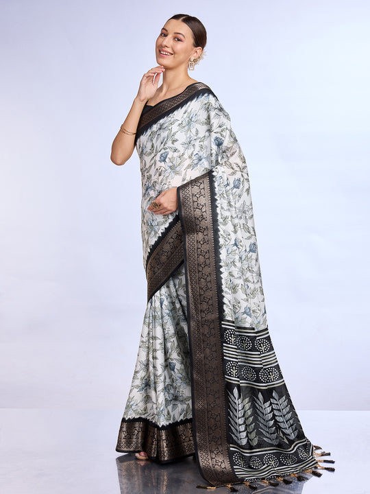 White & Black Dola Silk Saree With Blouse Piece