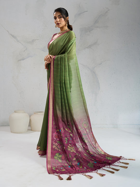 Pure Chiffon Digital Printed Woven Saree With Woven Border And Fancy Tassels