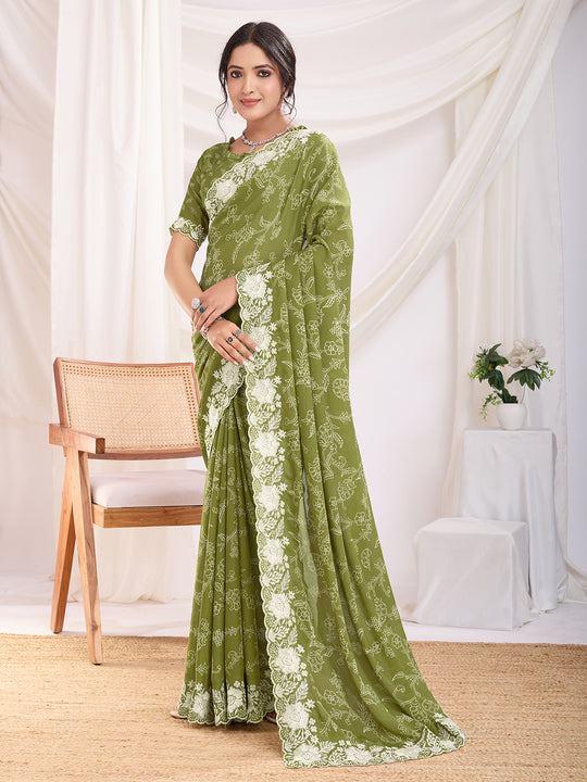 Olive Poly Georgette Festive Wear Saree With Blouse Piece