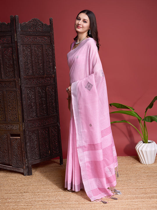Pink Linen Blend Saree With Blouse Piece