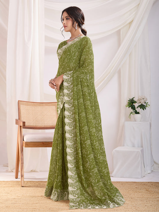 Olive Poly Georgette Festive Wear Saree With Blouse Piece