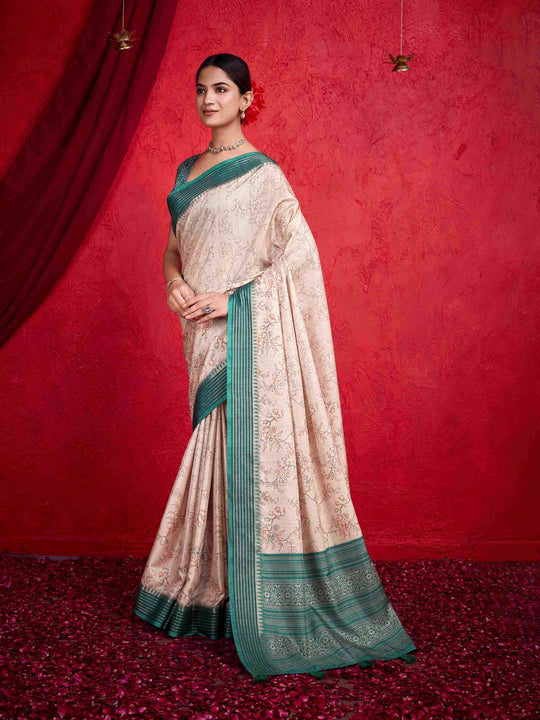 Offwhite Pure Tussar Viscose Border Paisley Digital Printed With Blouse Piece