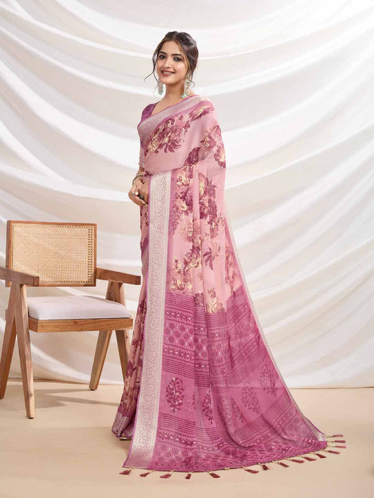 Onion-Pink Silk Chiffon Viscose Border Floral Printed Saree Saree With Blouse Piece