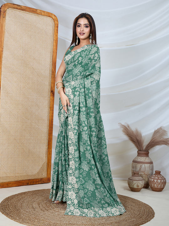Poly Georgette Geometric Print Saree With Embroidery And Scaloping Work With Unstitched Blouse Piece