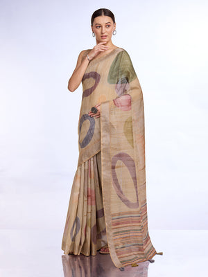 Beige  Linen Blend Saree With Blouse Piece