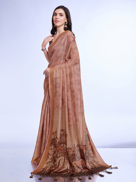 Peach Poly Silk Festival Saree With Blouse Piece