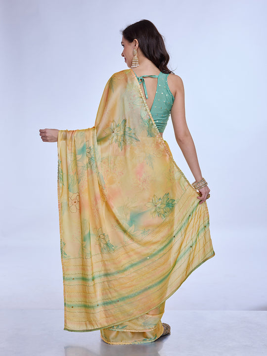 Lime Green Poly Chiffon Festive Wear Saree With Blouse Piecde