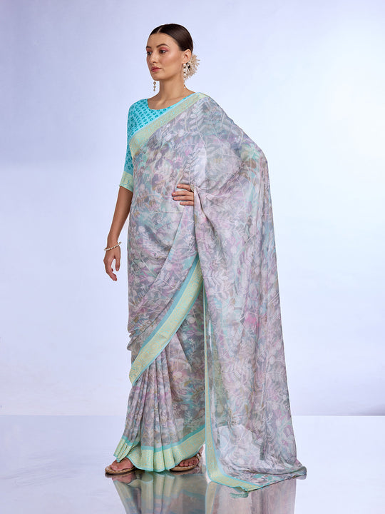 Grey Georgette Saree With Blouse Piece